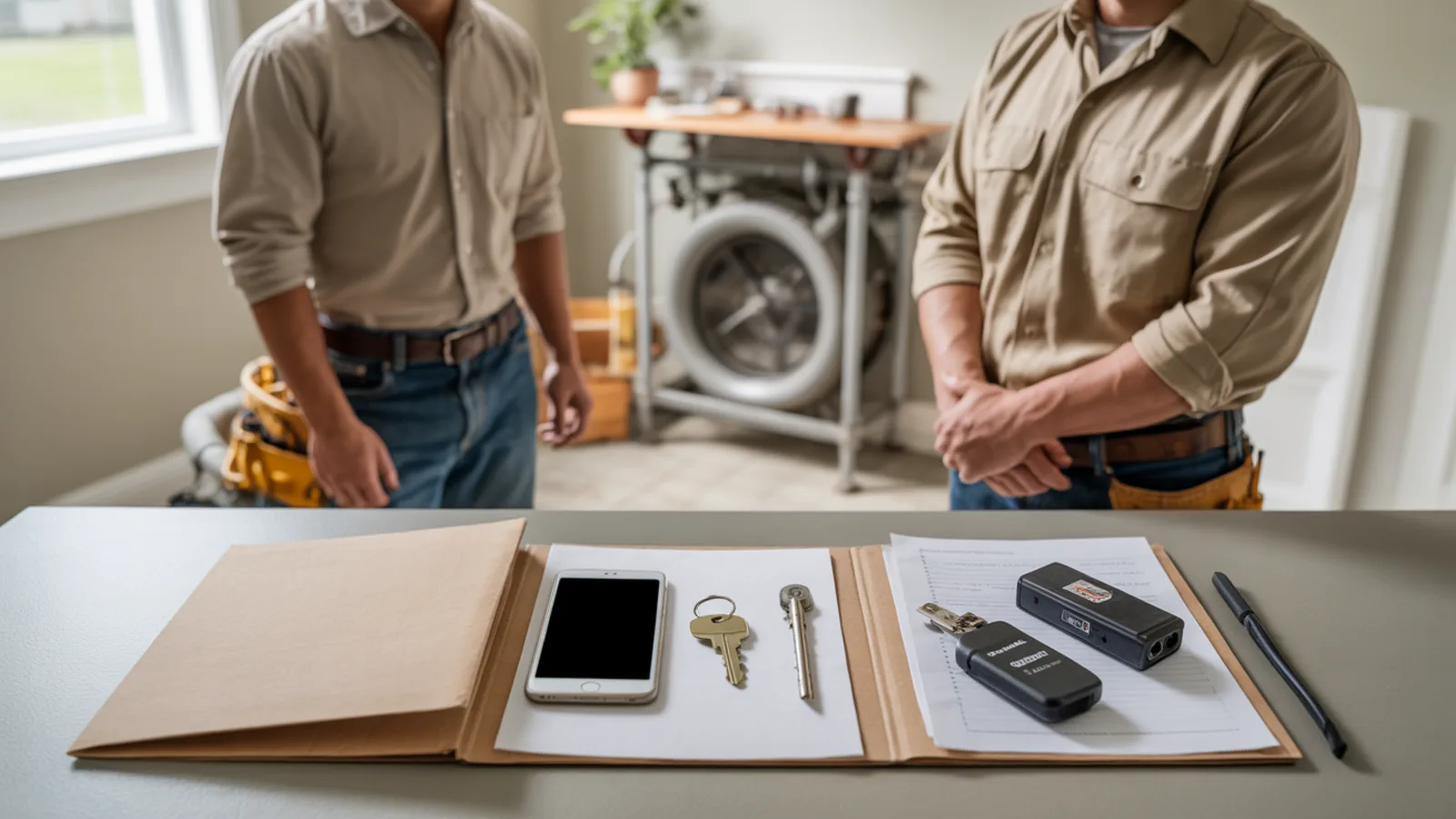 Prepared homeowner file with phone, property key, camera media, and supporting documents