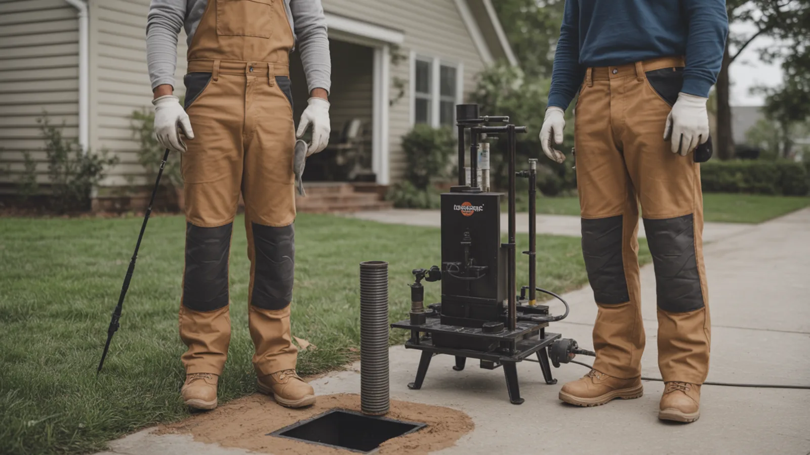 Residential trenchless pipe lining equipment staged beside an exterior cleanout
